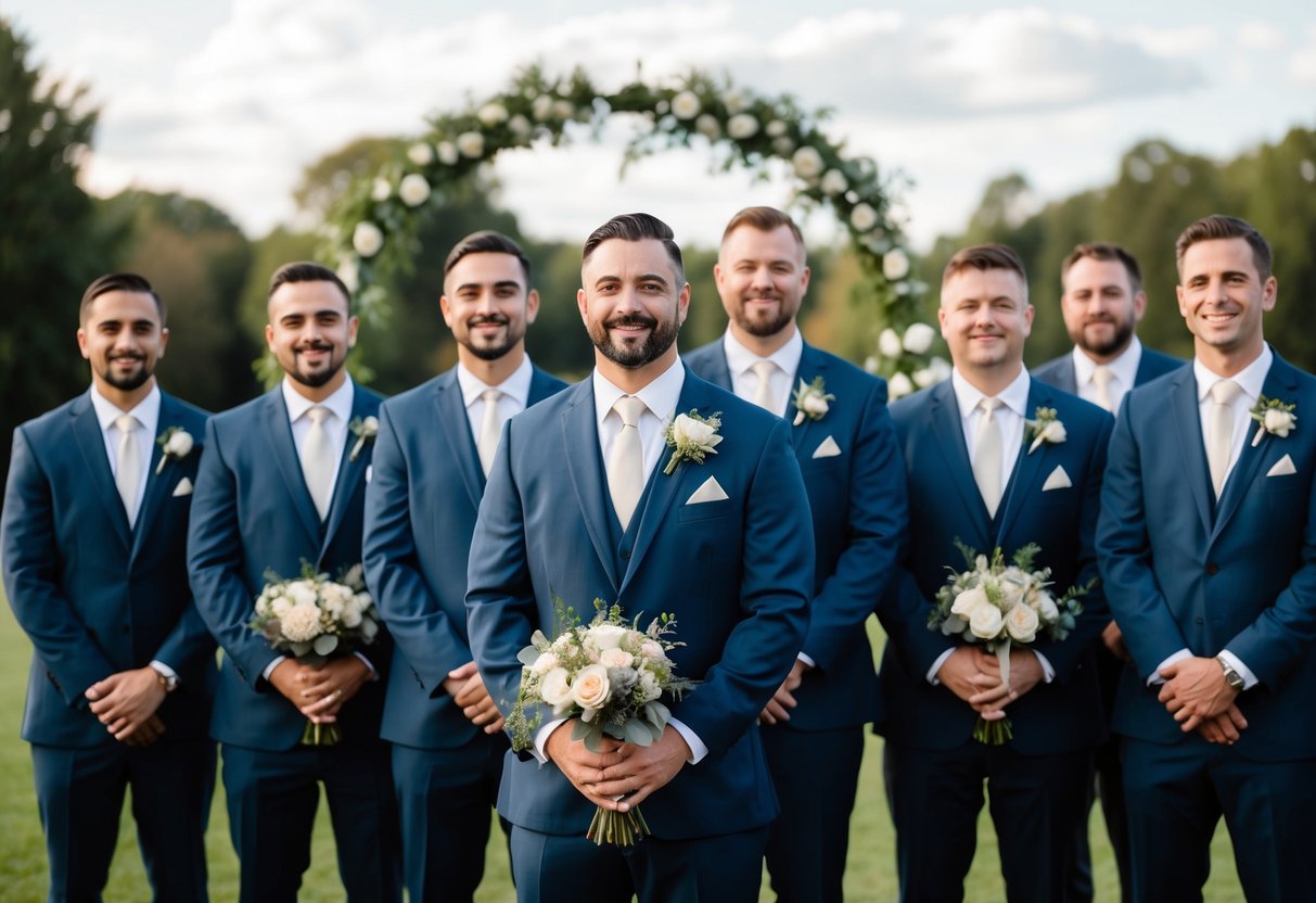 A group of men in suits and ties standing beside a groom, holding bouquets or boutonnieres, with a wedding arch in the background