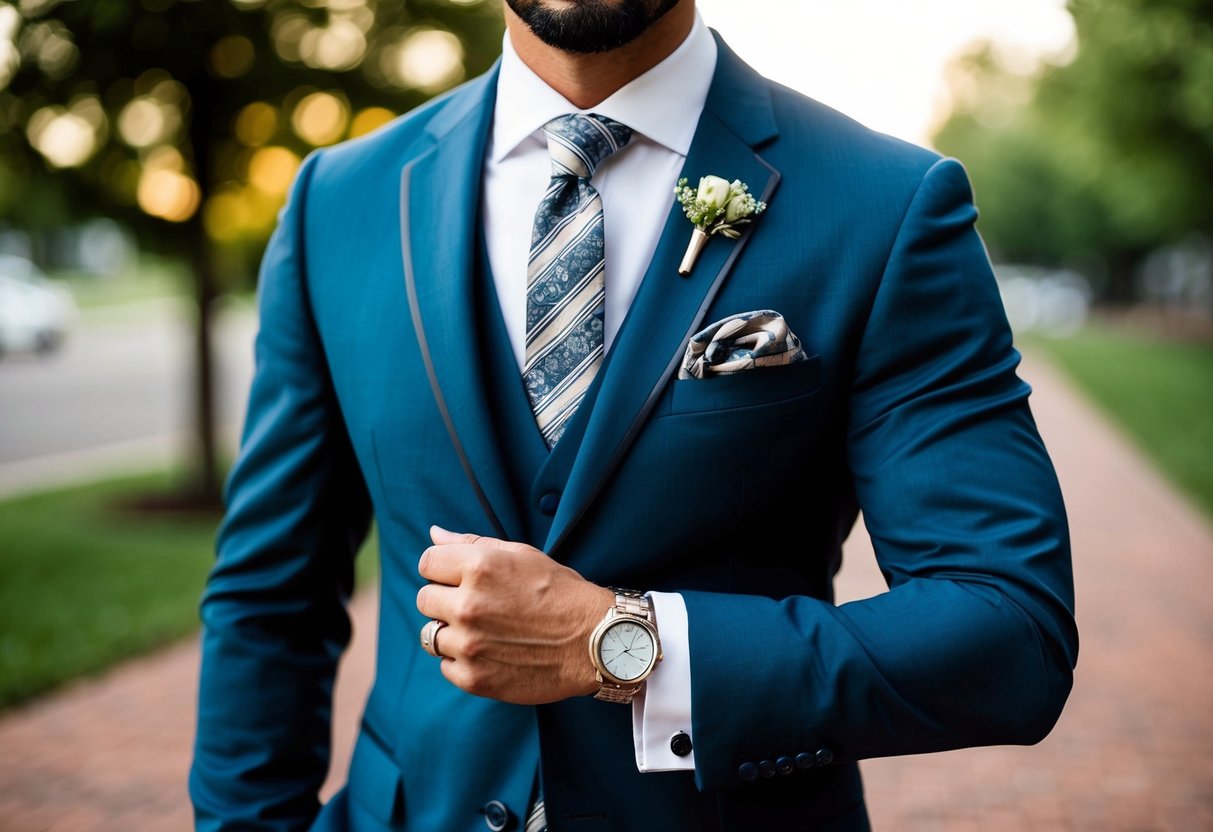 A modern groomsman standing in a sleek suit, wearing a stylish watch and cufflinks, with a pocket square and tie clip adding a touch of sophistication to his ensemble