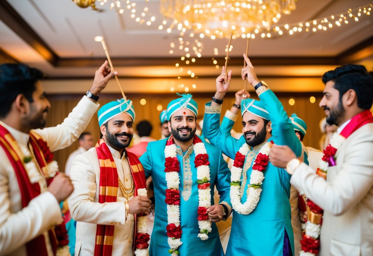 A group of men celebrating with traditional pre-wedding activities, such as dancing, music, and feasting