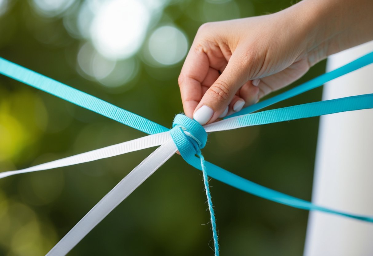 A ribbon and a string are being knotted together, symbolizing the union of two separate entities
