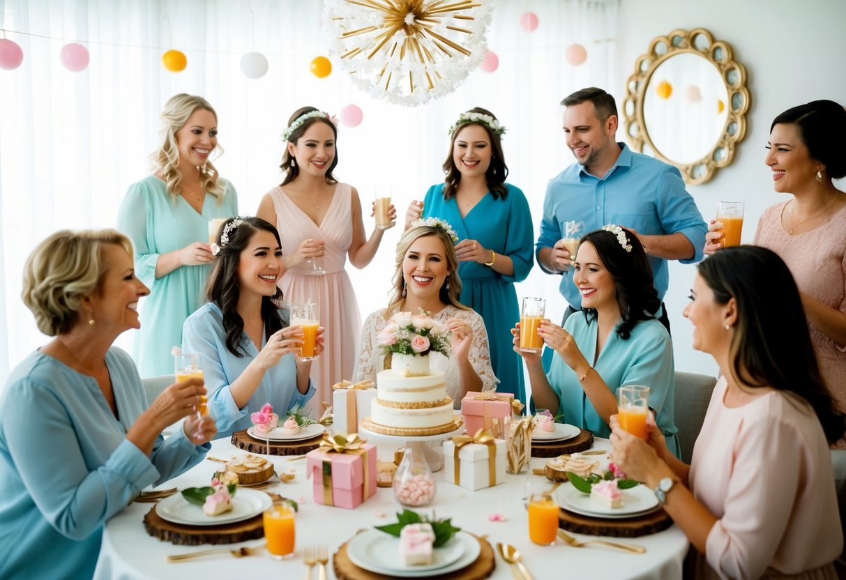 The bridal shower scene shows a group of people celebrating with decorations, gifts, and refreshments
