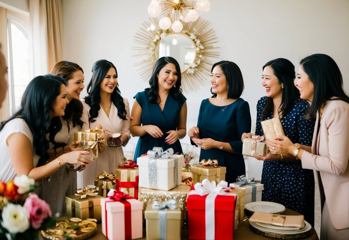 A group of women gather around a table filled with gifts and decorations, chatting and laughing as they celebrate the upcoming wedding