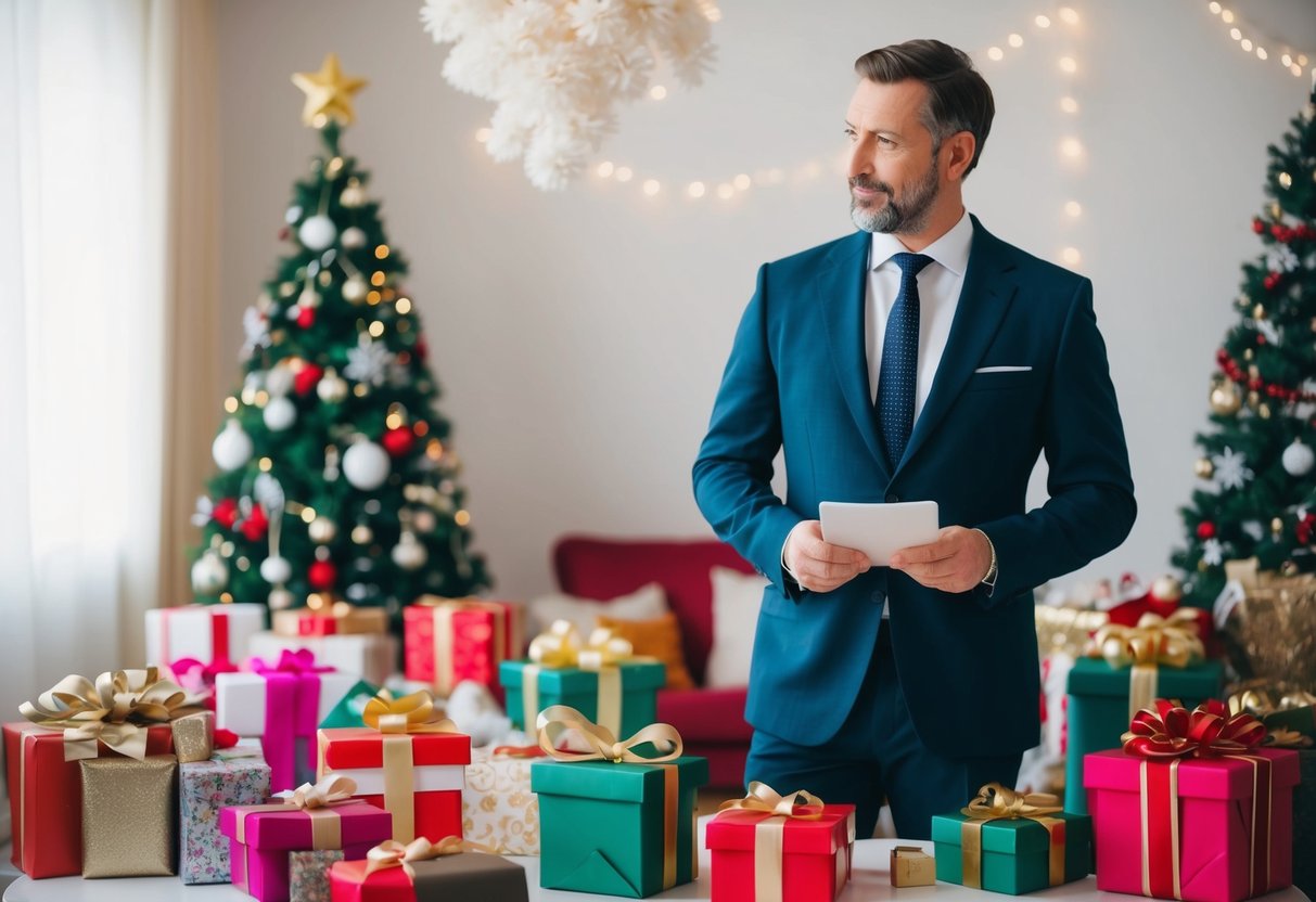 A man stands in a room filled with decorations and gifts, looking around with a thoughtful expression as he plans the event