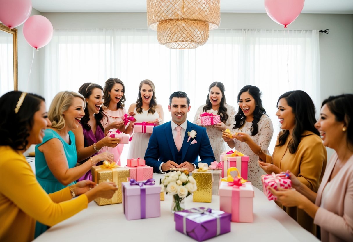 A groom sits at a table surrounded by excited women opening gifts and playing games at the bridal shower