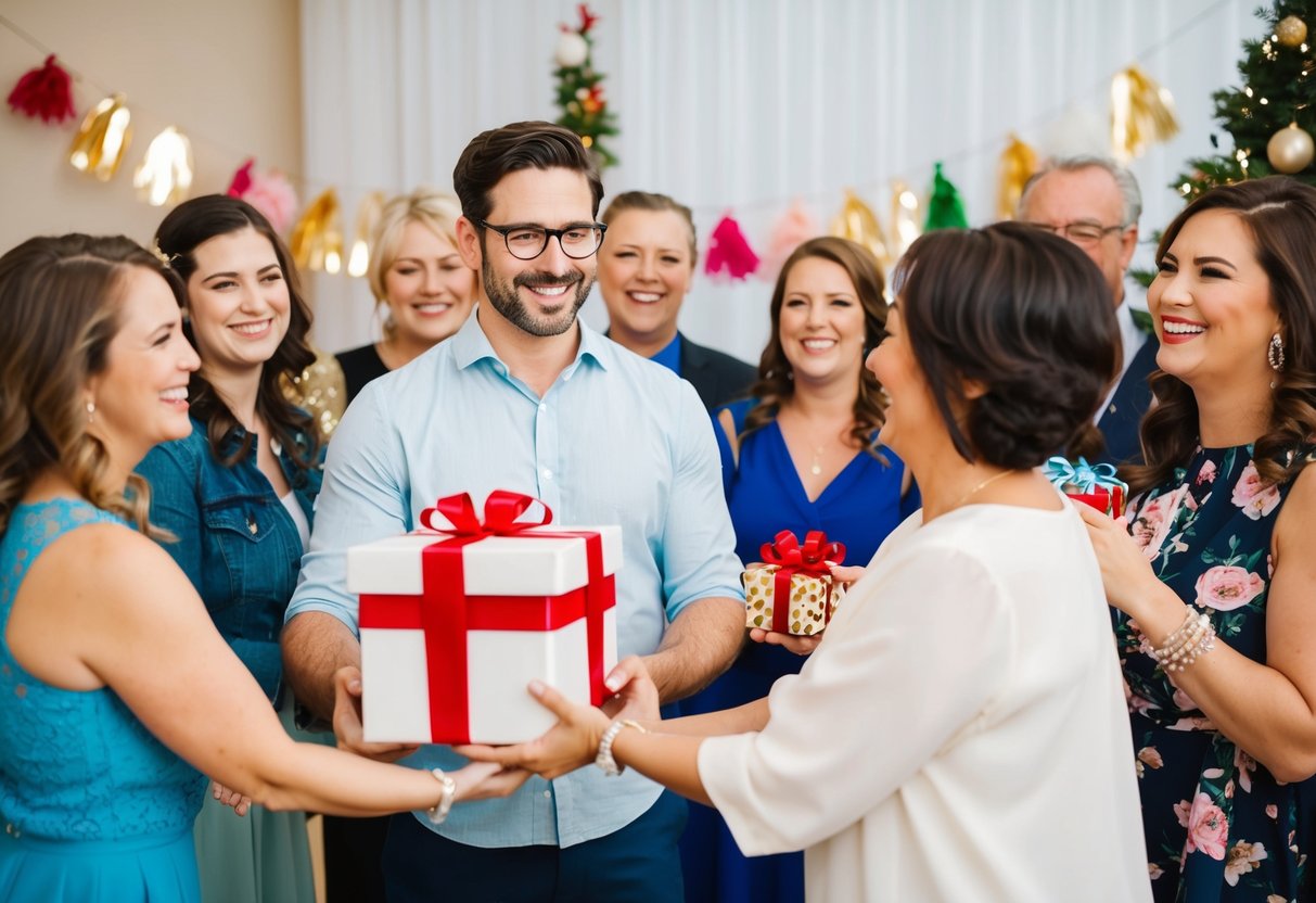 A man presents a gift at a bridal shower, surrounded by smiling guests and festive decorations