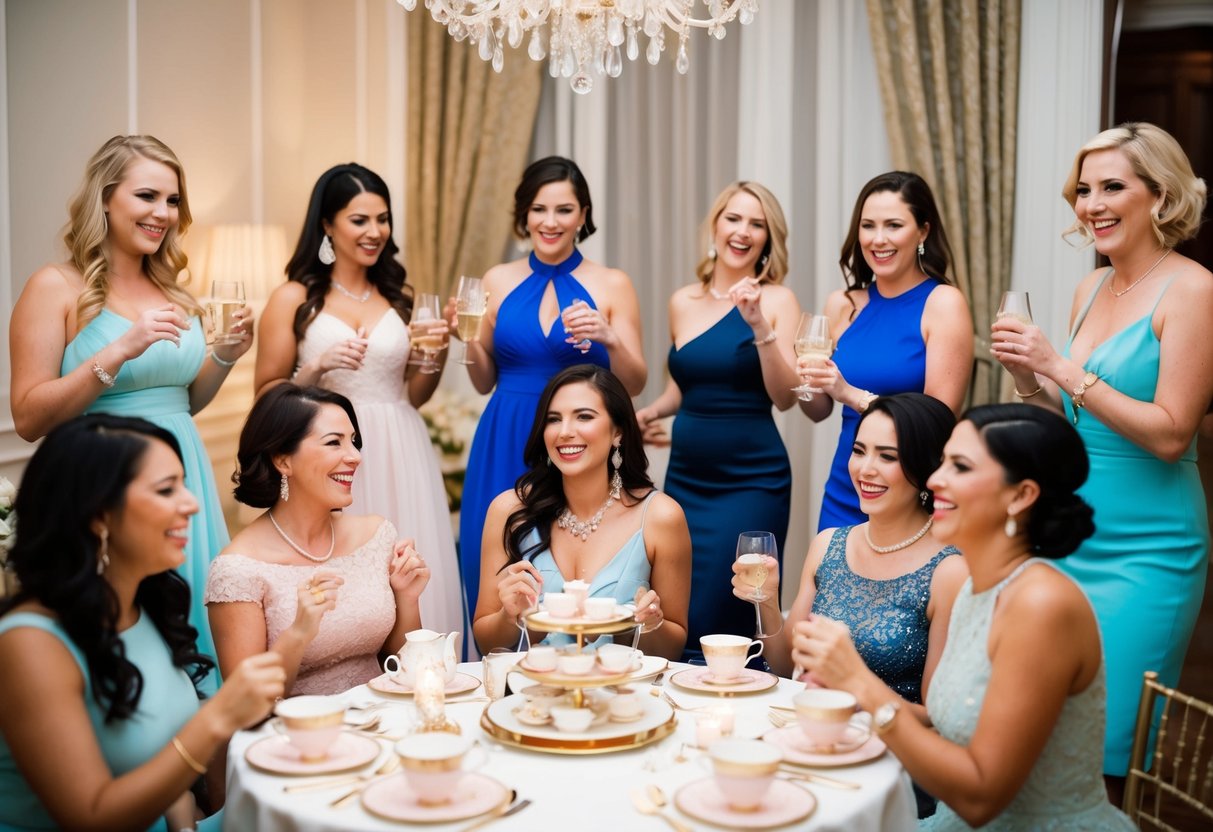 A group of women enjoying a tea party with elegant decorations for a bridal shower, while a group of women in cocktail dresses dance and laugh at a bachelorette party