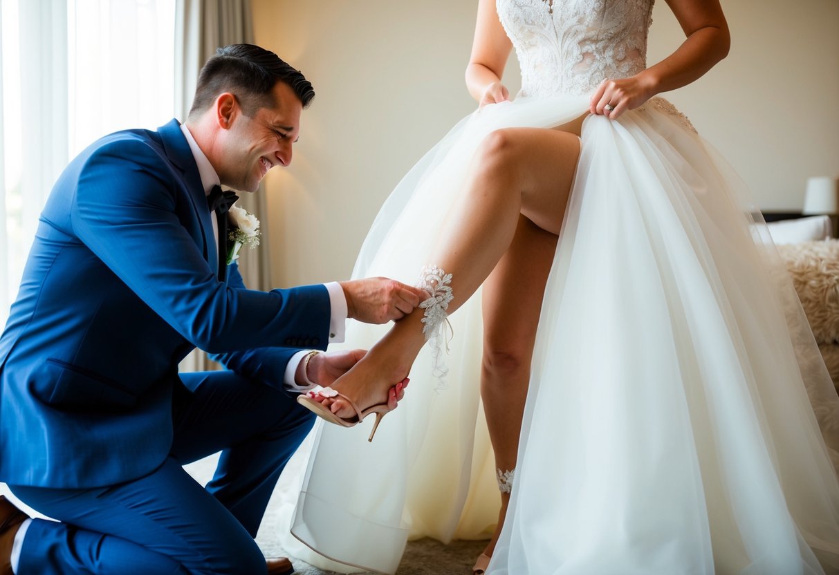 The groom kneels to lift the bride's gown, revealing the garter. He slides it down her leg with a playful grin