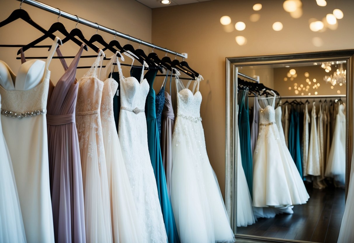 A rack of wedding dresses in a bridal boutique, varying in styles and designs, with a mirror in the background reflecting the gowns