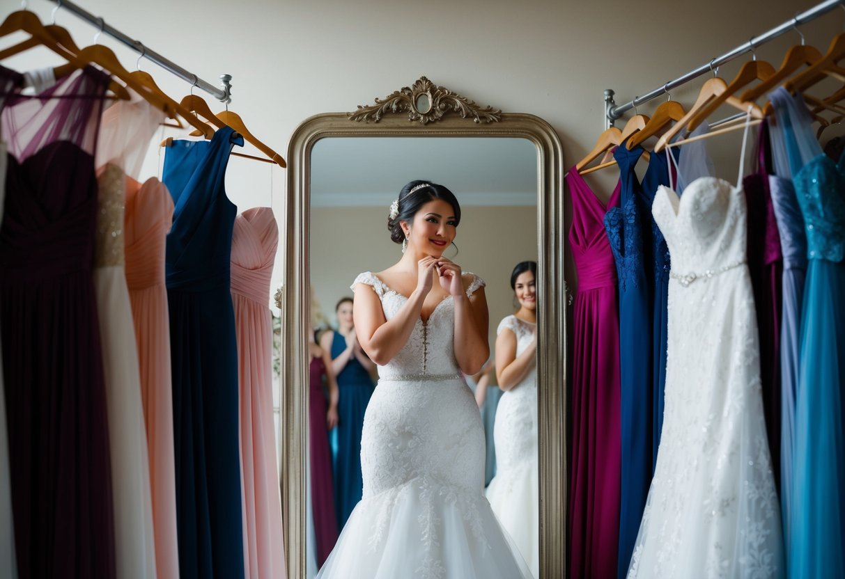 A bride surrounded by a variety of wedding dresses, standing in front of a mirror with a thoughtful expression