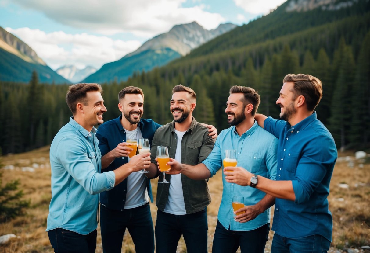 A group of men celebrating with drinks and laughter in a rustic cabin surrounded by forest and mountains