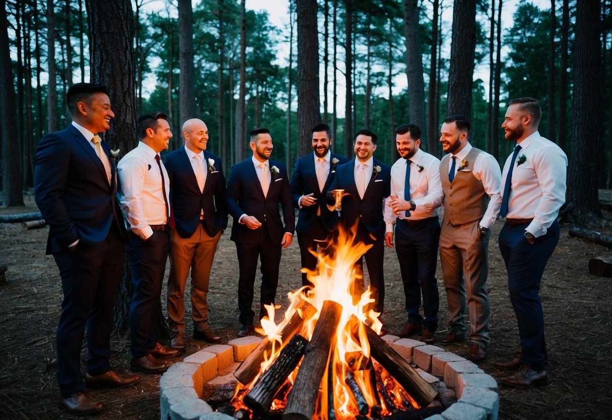 A group of men gathered around a bonfire in a forest, celebrating and bonding before a wedding