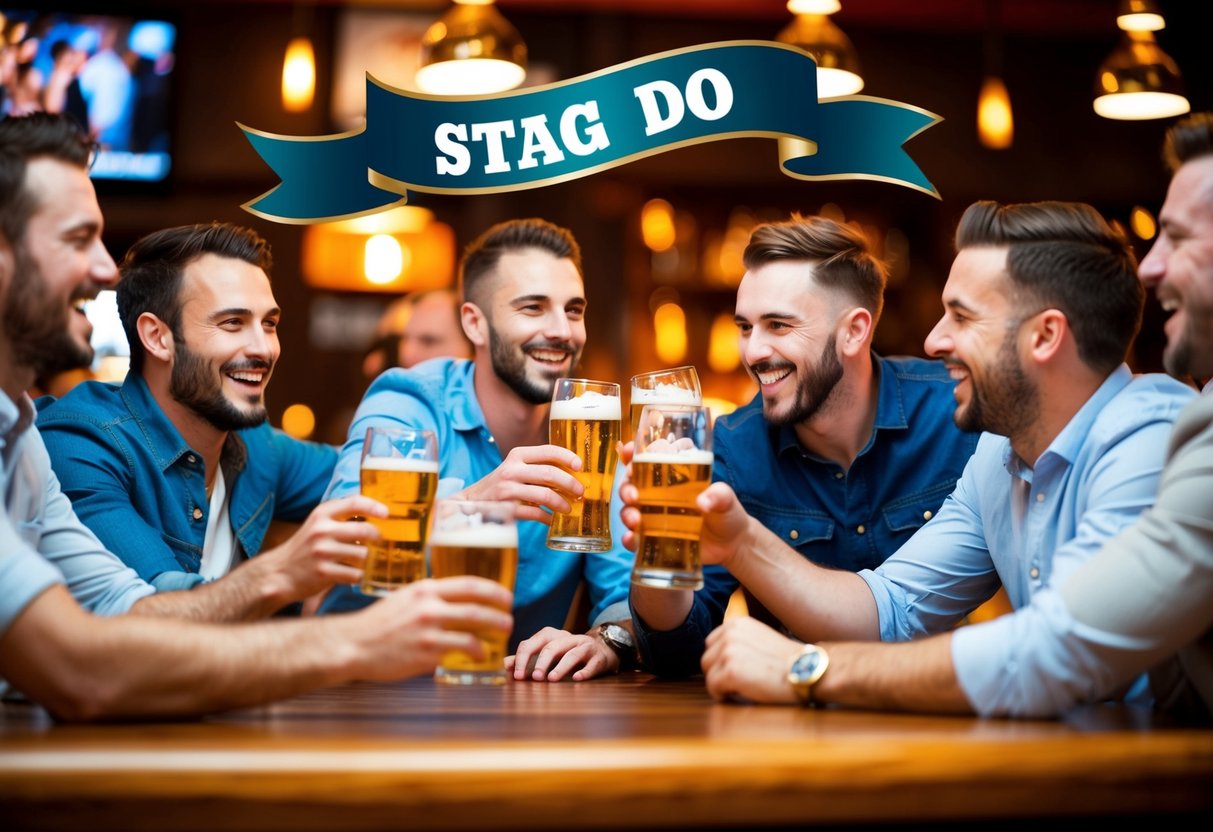 A group of men celebrating at a lively bar, clinking beer glasses and laughing, with a banner reading "Stag Do" in the background