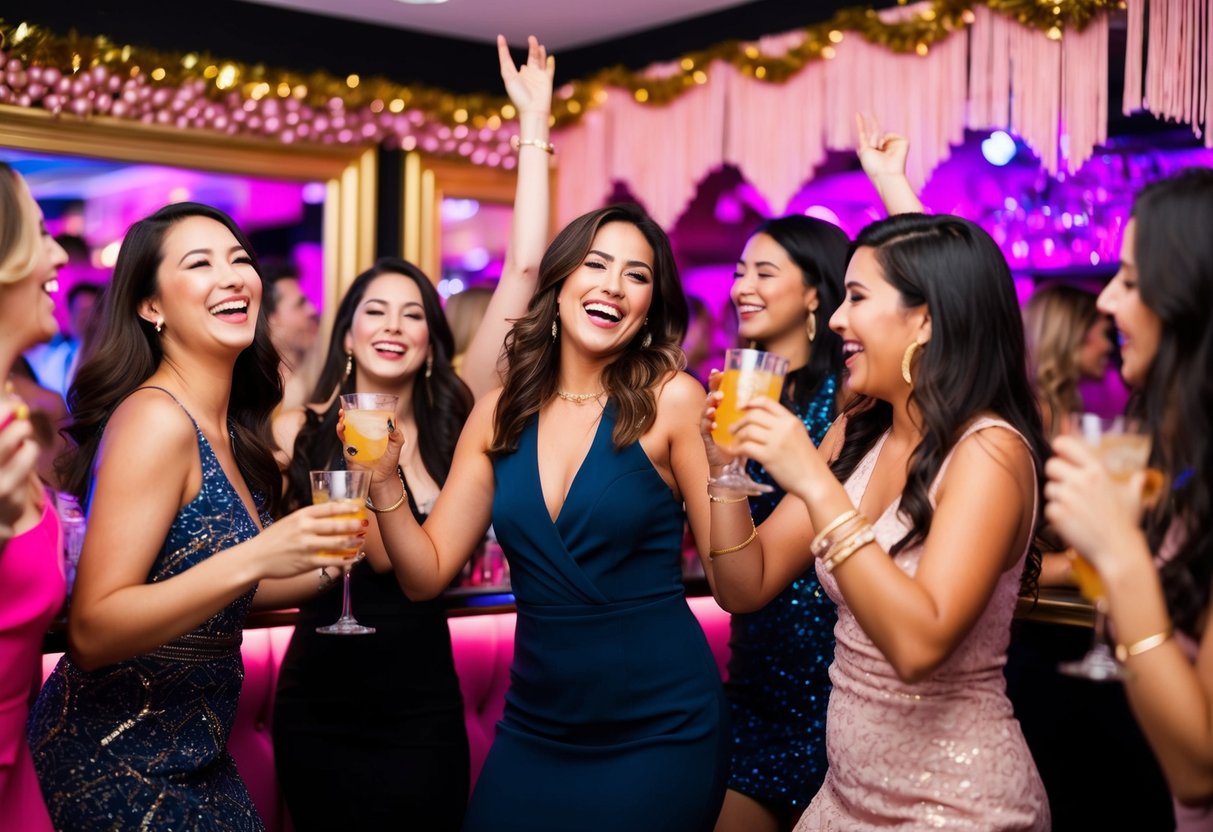 A group of women dancing, laughing, and enjoying drinks at a lively bar decorated with pink and gold decorations