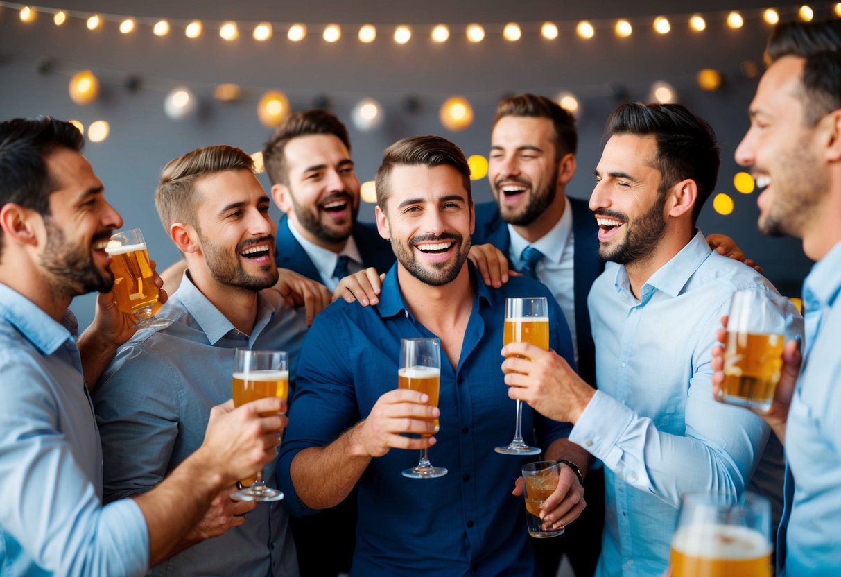 A group of men celebrating at a bachelor party, with drinks, music, and laughter