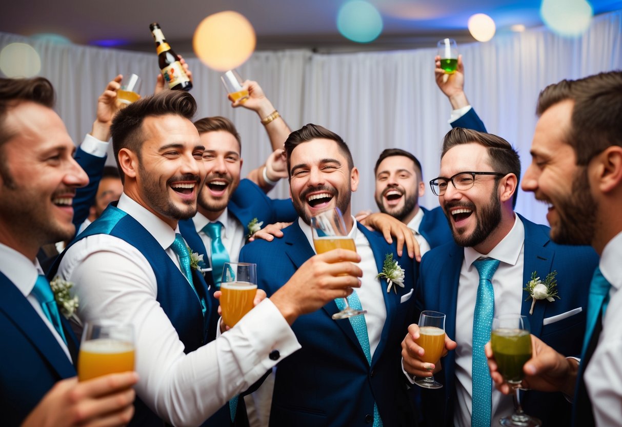 A group of groomsmen celebrating at a bachelor party with drinks, music, and laughter