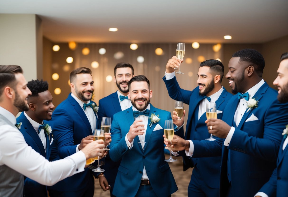 A group of diverse groomsmen celebrating at a bachelor party, with inclusive activities and memorable moments