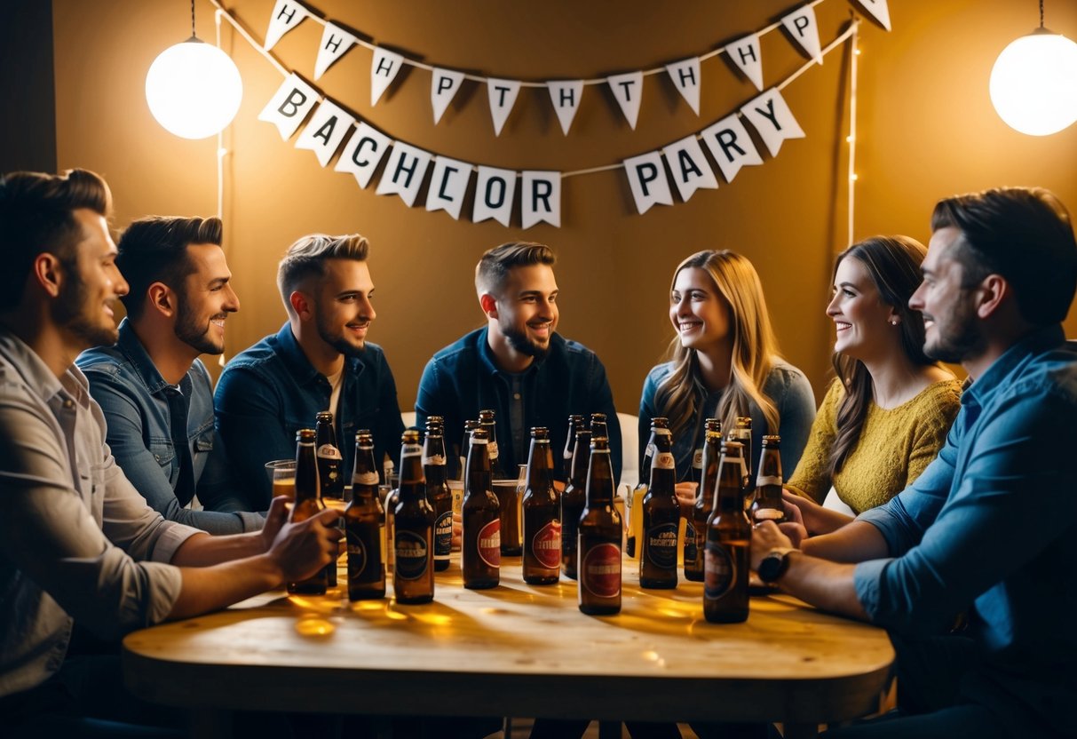 A group of friends gathered in a dimly lit room, with a table covered in beer bottles and a banner that reads "Bachelor Party."