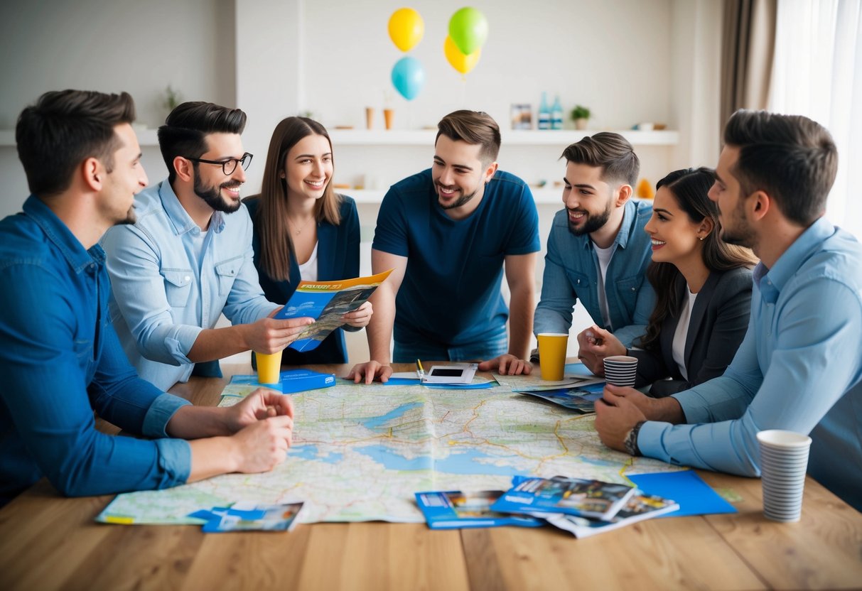 A group of friends gather around a table covered in maps, brochures, and party supplies, discussing plans for a bachelor party