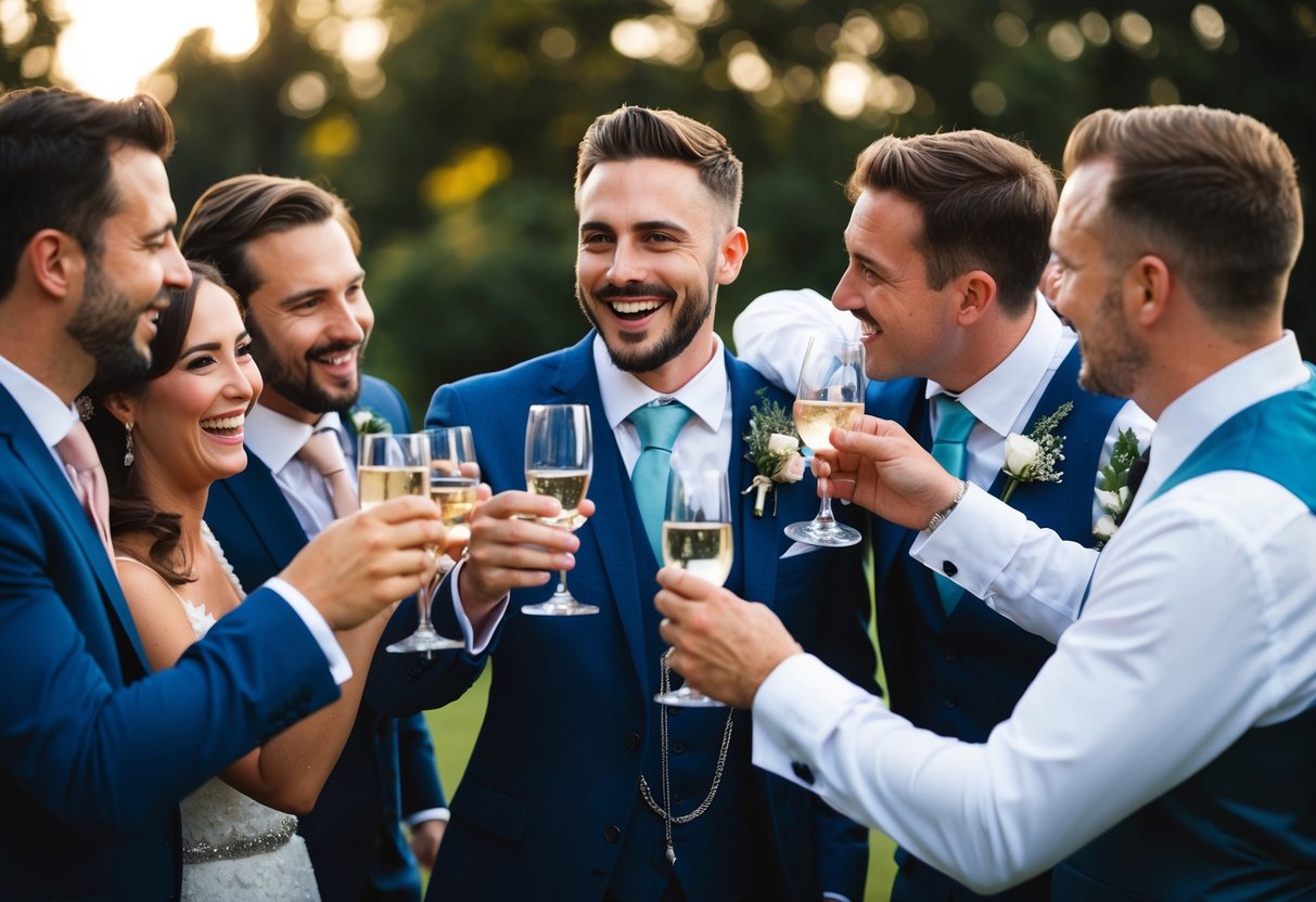 A group of friends gather around the groom, clinking glasses and laughing, while a mysterious figure whispers in his ear