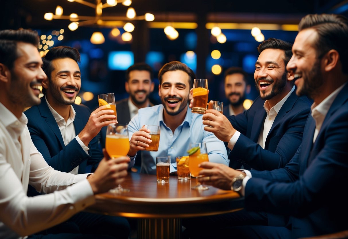 A group of men celebrating with drinks and cigars in a dimly lit, upscale bar or lounge. Laughter and camaraderie fill the air