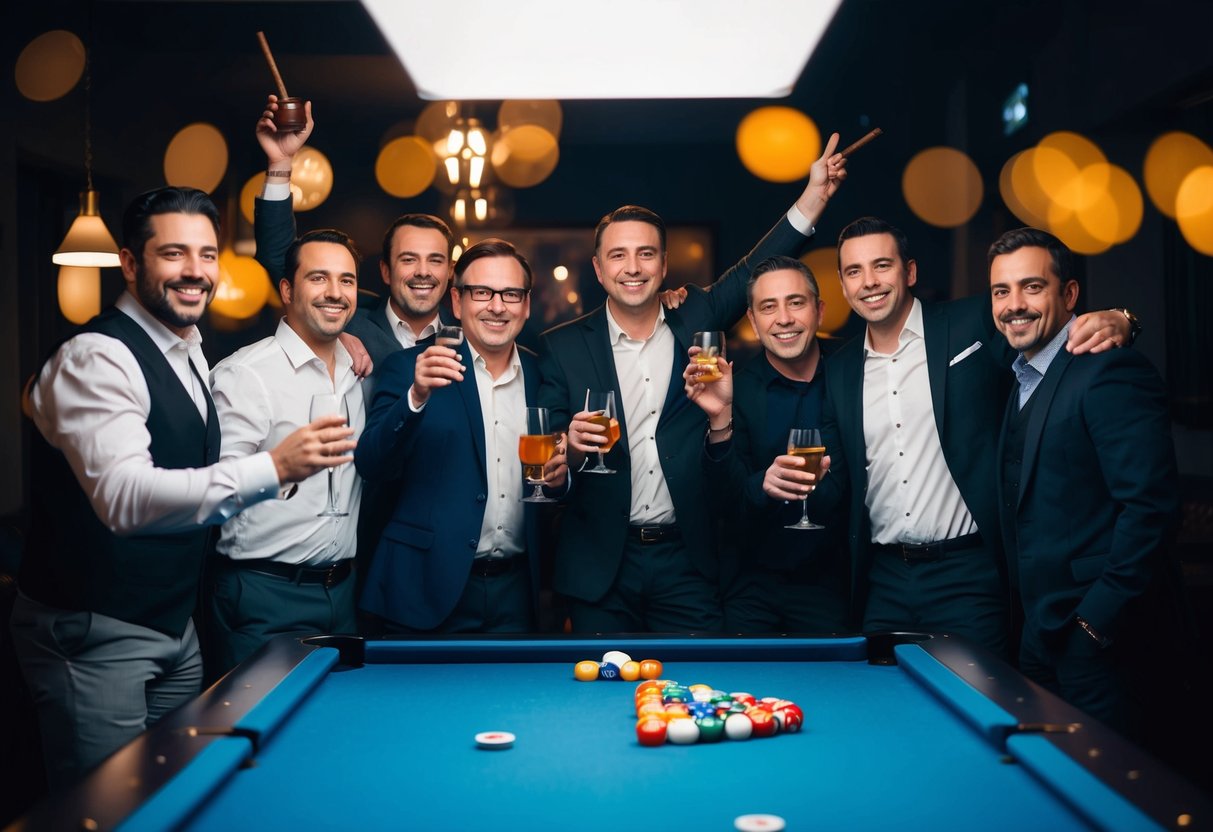A group of men celebrating, with drinks and cigars, in a dimly lit room with a pool table and poker chips on the table