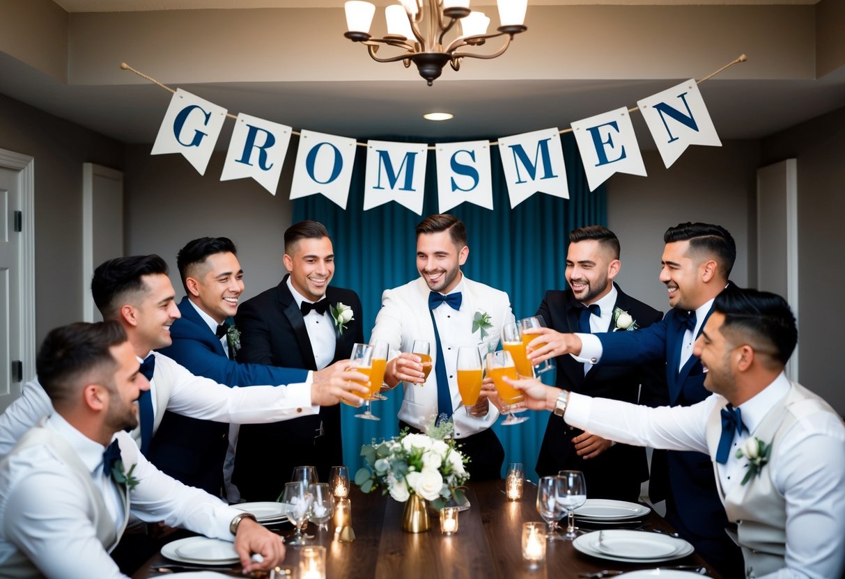 A group of men gathered around a table, toasting with drinks and laughing, while a banner with "Groomsmen Only" hangs in the background