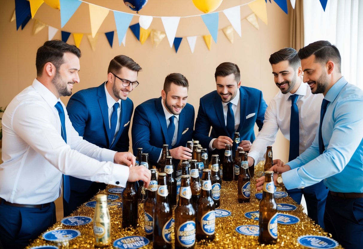 A group of groomsmen gathered around a table covered in beer bottles and party decorations, planning the details of a bachelor party