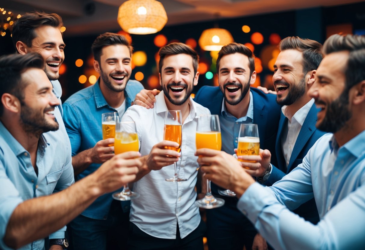 A group of men celebrating, with drinks and laughter, in a lively and vibrant setting
