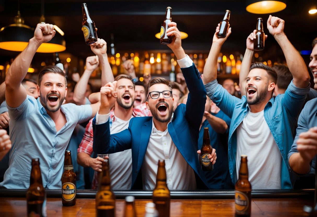 A group of rowdy men partying in a crowded bar, surrounded by empty beer bottles and cheering loudly