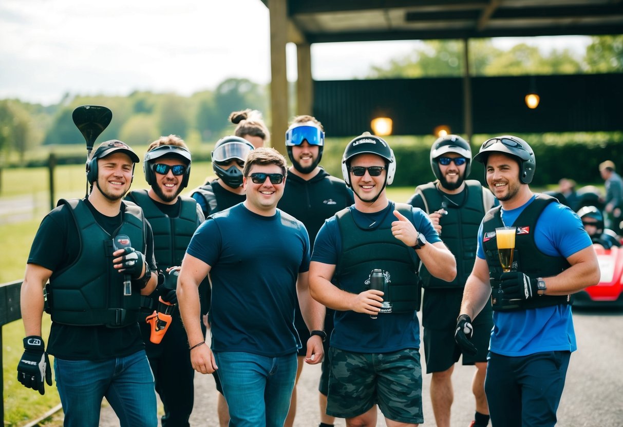 A group of men participating in various stag do activities, such as paintball, go-karting, and bar hopping