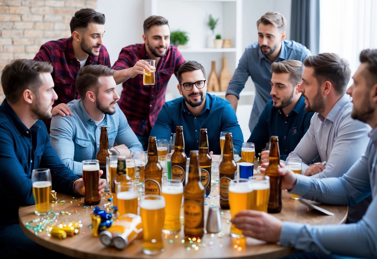 A group of men gather around a table littered with beer bottles and party supplies, discussing plans for a stag do. Some appear excited, while others seem concerned
