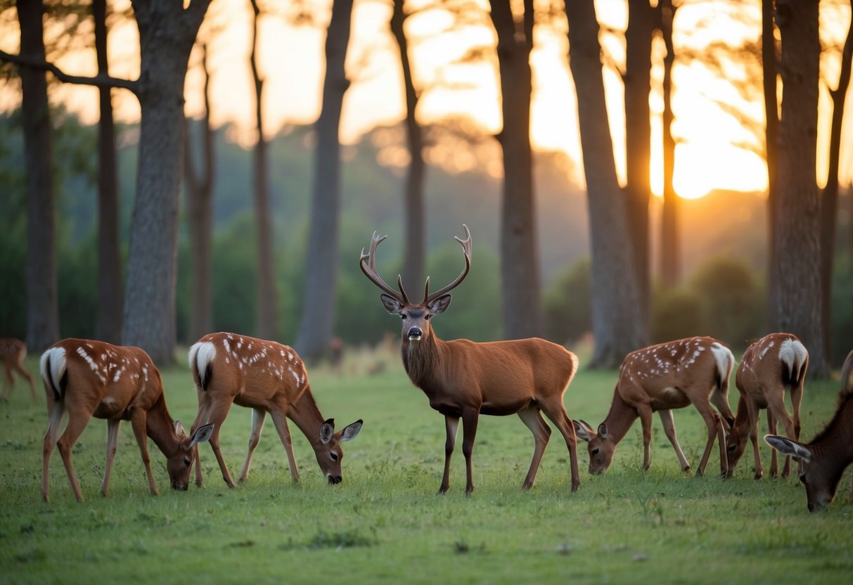A group of deer gather in a forest clearing, with one male stag and several does grazing peacefully. The sun sets behind the trees, casting a warm glow over the scene