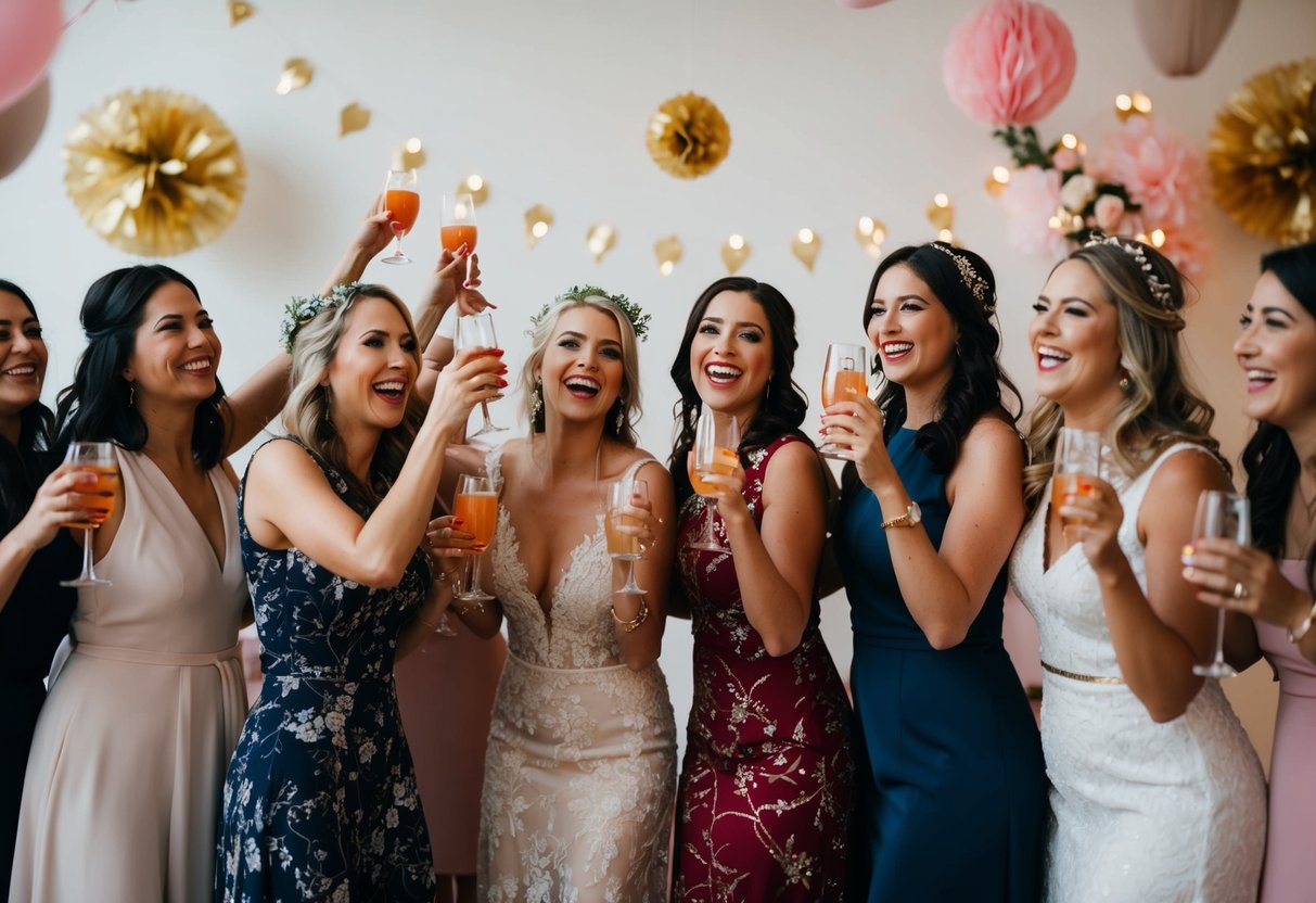 A group of women celebrating with drinks and decorations, but no wedding attire in sight