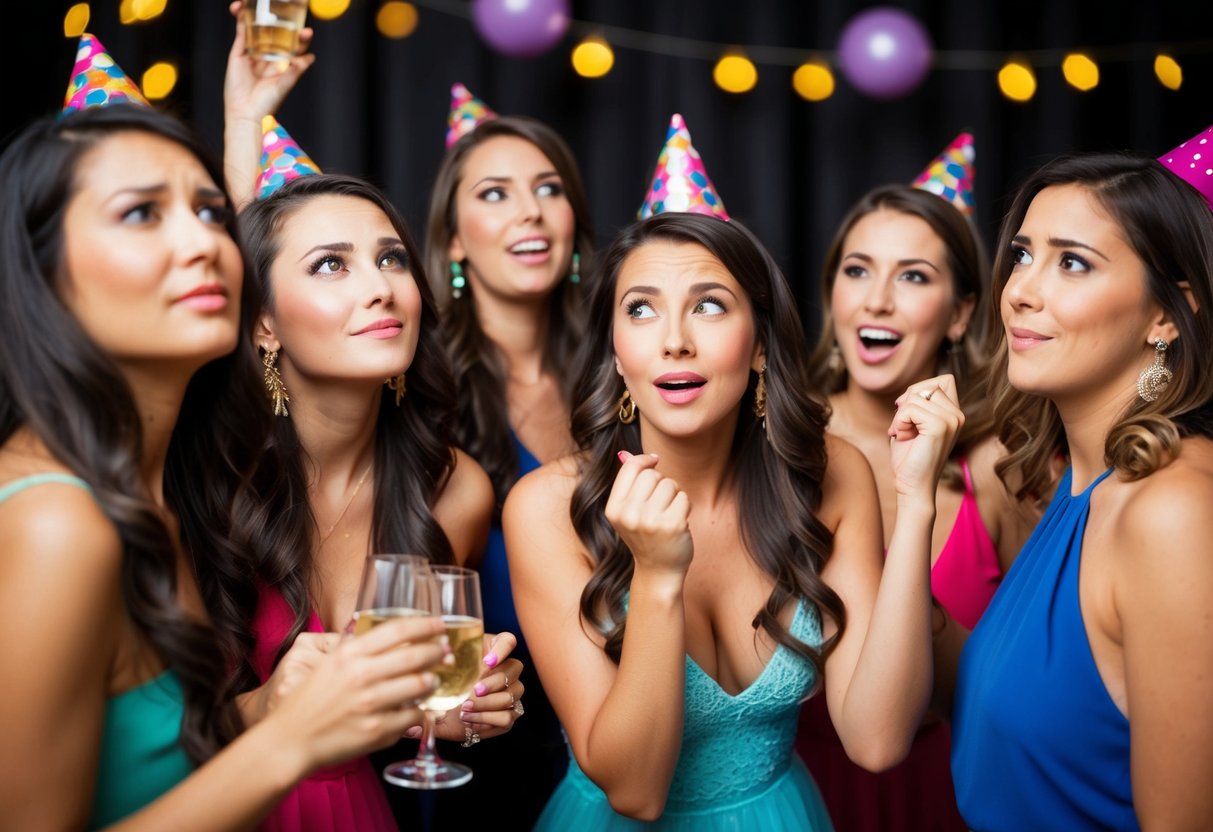 A group of women celebrating at a bachelorette party, with one guest looking uncertain while others appear to be having a good time