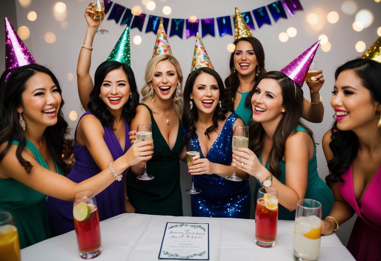 A group of women celebrating at a bachelorette party, with festive decorations and drinks, while a wedding invitation sits untouched on the table