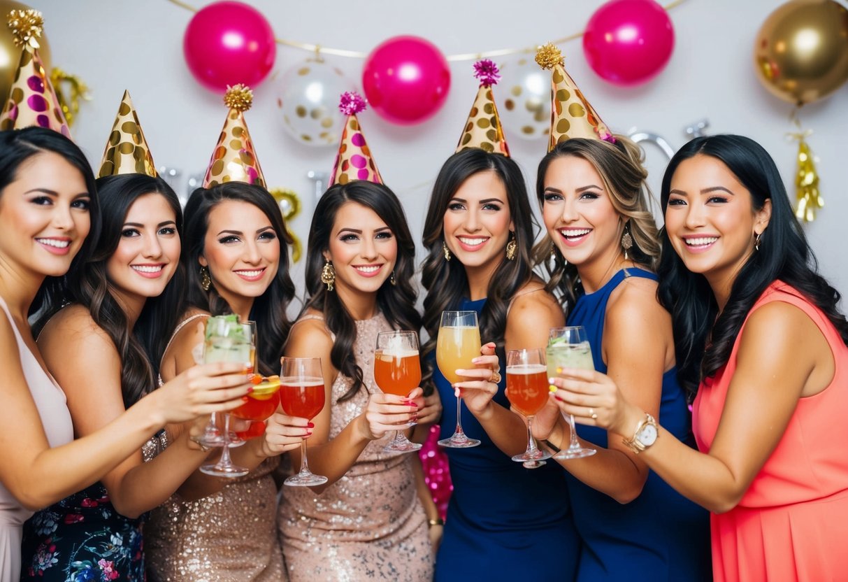 A group of women celebrating with drinks and decorations at a bachelorette party