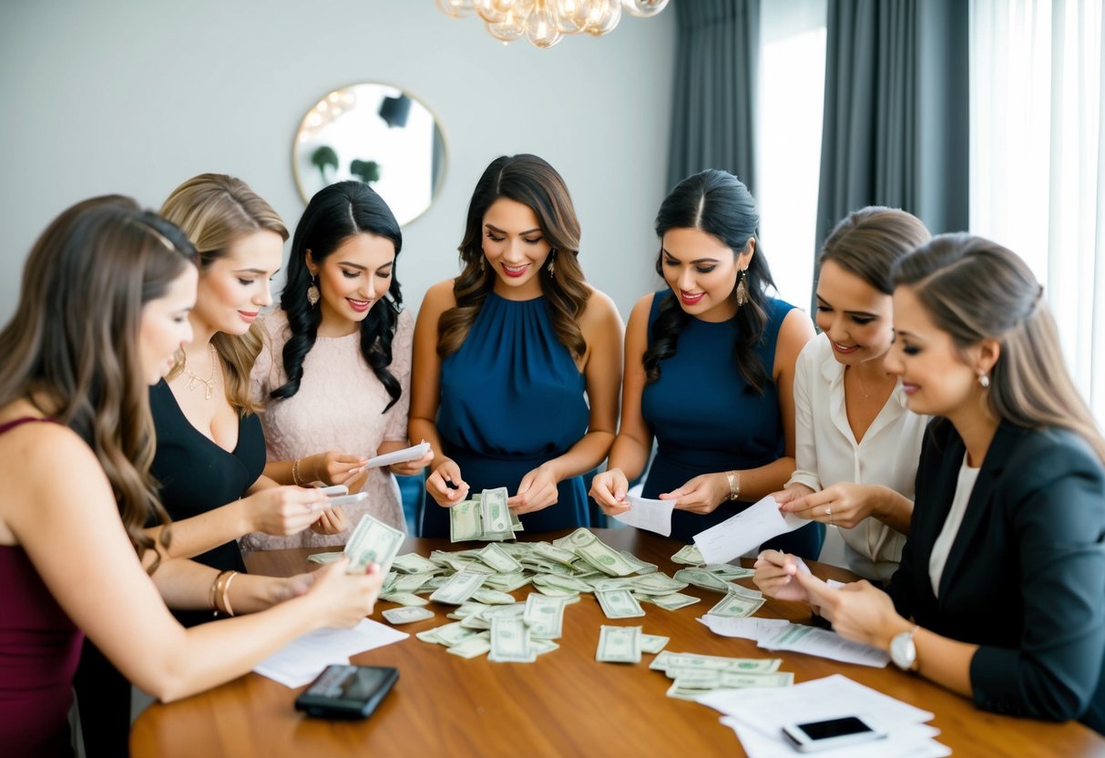 A group of women gather around a table, counting money and discussing expenses for a bachelorette party. Some are taking notes while others are looking at receipts and bills