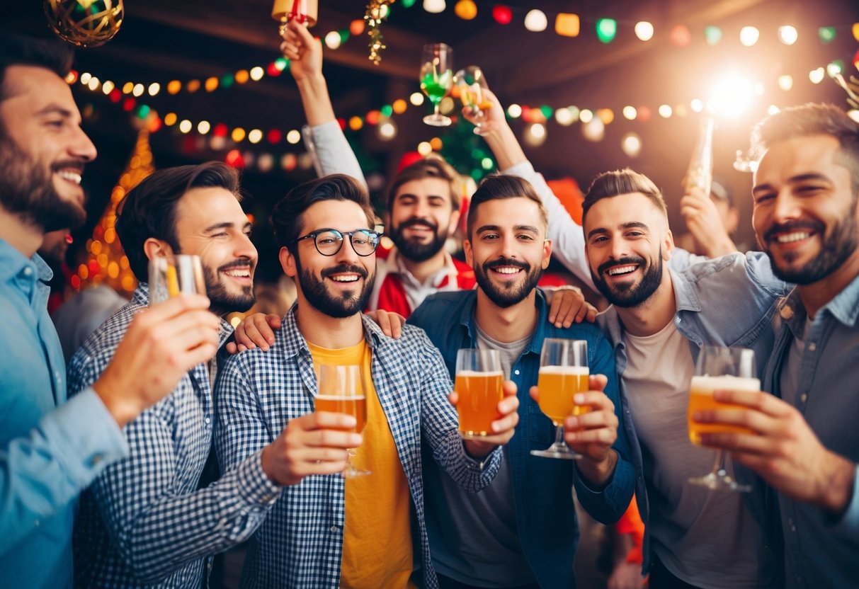 A group of men celebrating, with drinks and decorations, in a lively and festive atmosphere