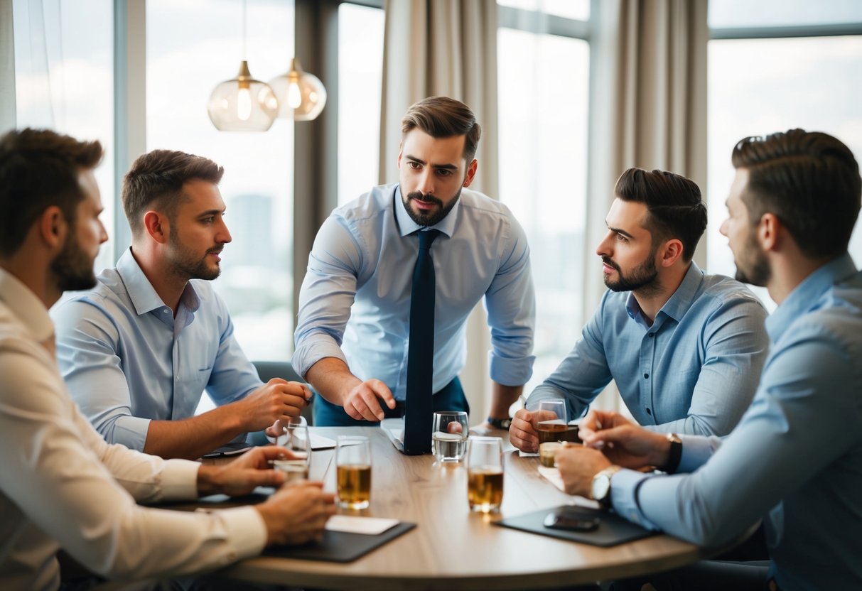 A group of men discussing plans at a table, with one man taking charge and organizing details for a bachelor party
