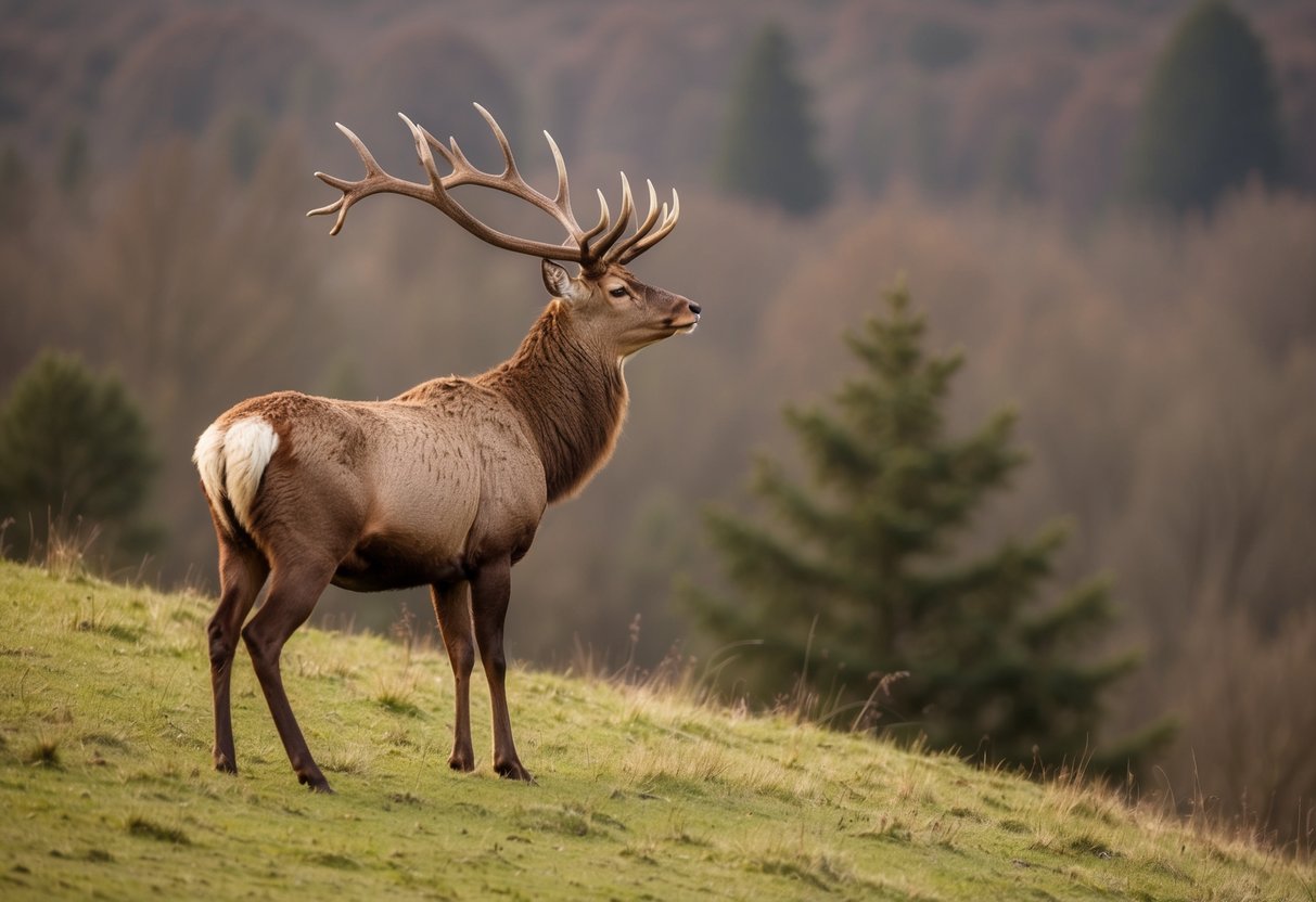 A majestic stag stands on a grassy hill, its antlers reaching towards the sky as it surveys the surrounding woodland