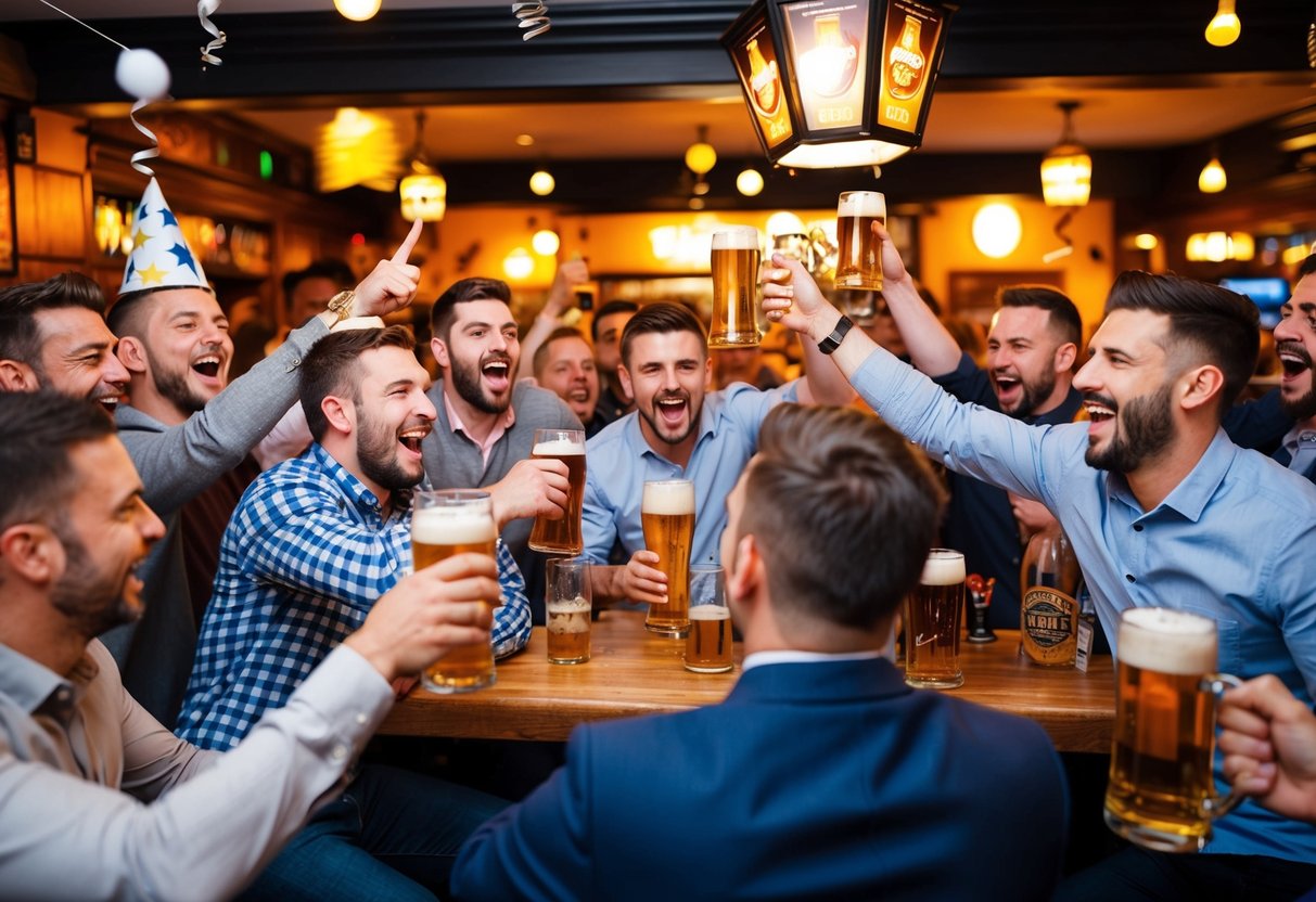 A group of rowdy men celebrate in a lively pub, surrounded by beer, laughter, and stag party decorations