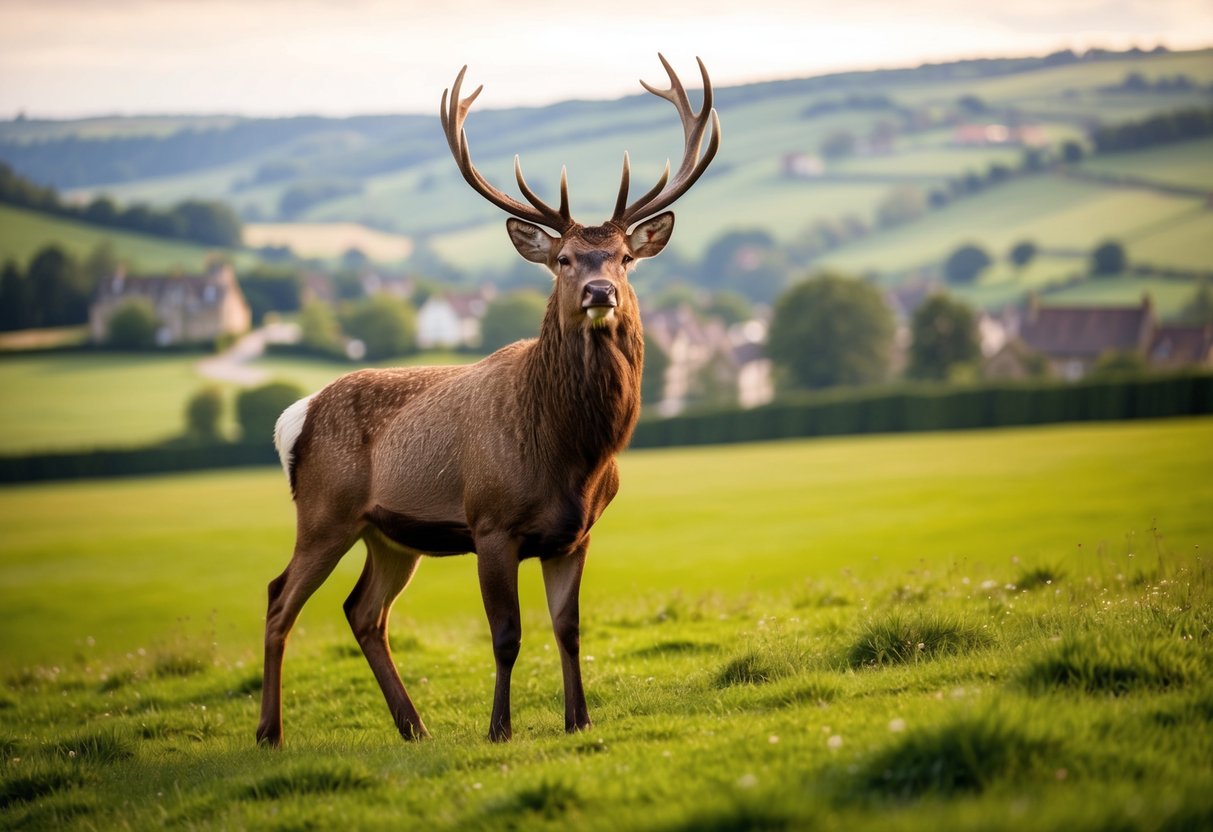 A majestic stag standing proudly in a lush English countryside, with rolling hills and a quaint village in the background