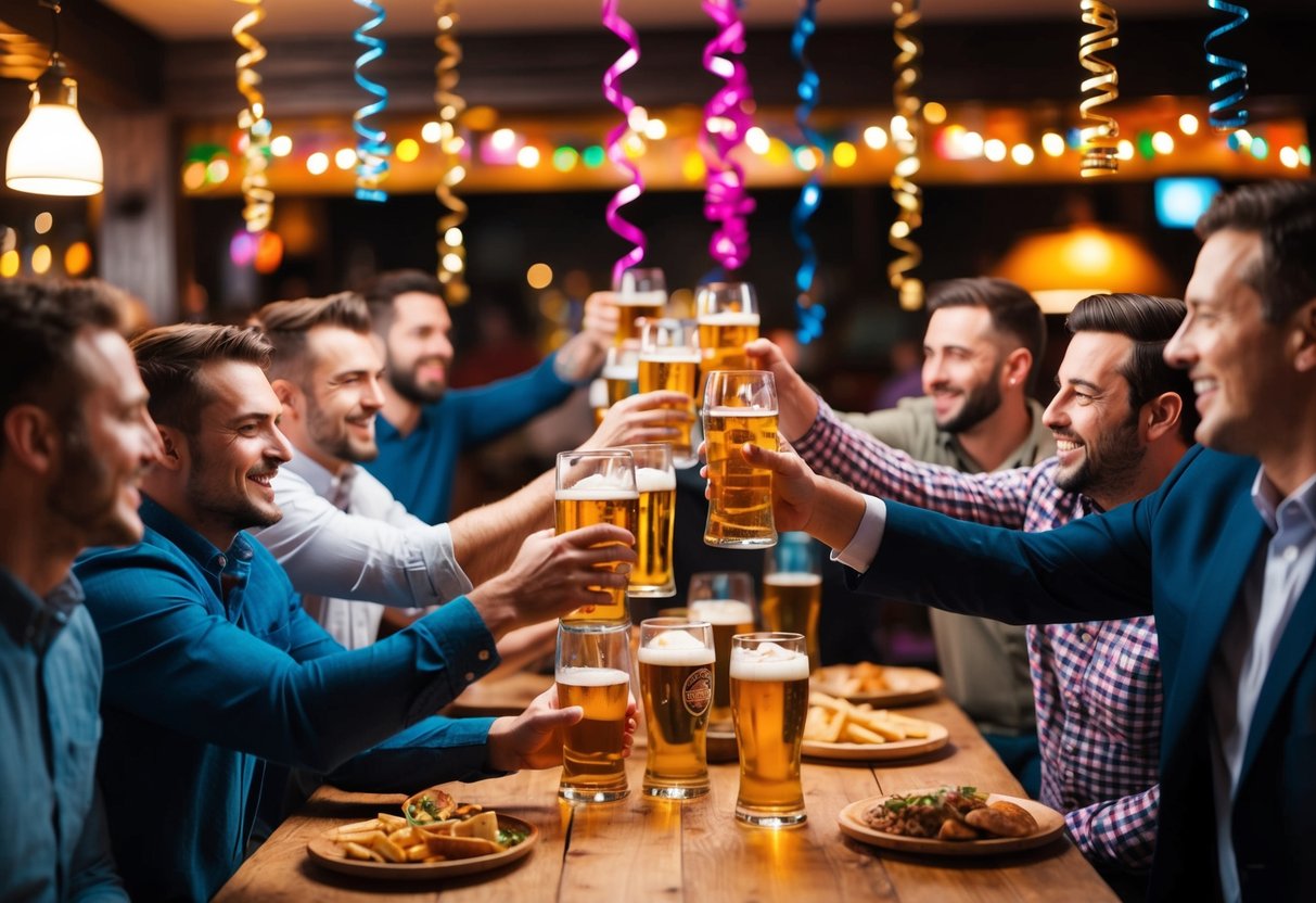 A group of men cheering and raising their glasses in a lively pub, surrounded by colorful decorations and streamers