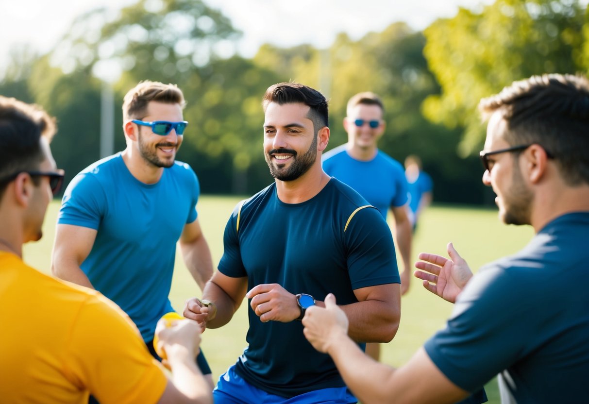 A group of men engaging in non-alcoholic activities, such as outdoor sports or games, while adhering to safety guidelines and showing respect for others