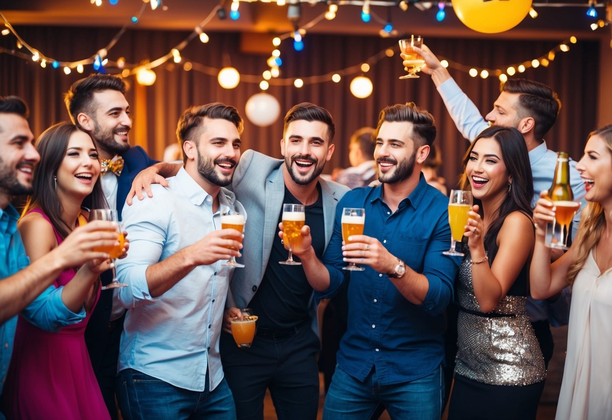 A group of friends celebrating, with drinks and decorations, at a lively bachelor party