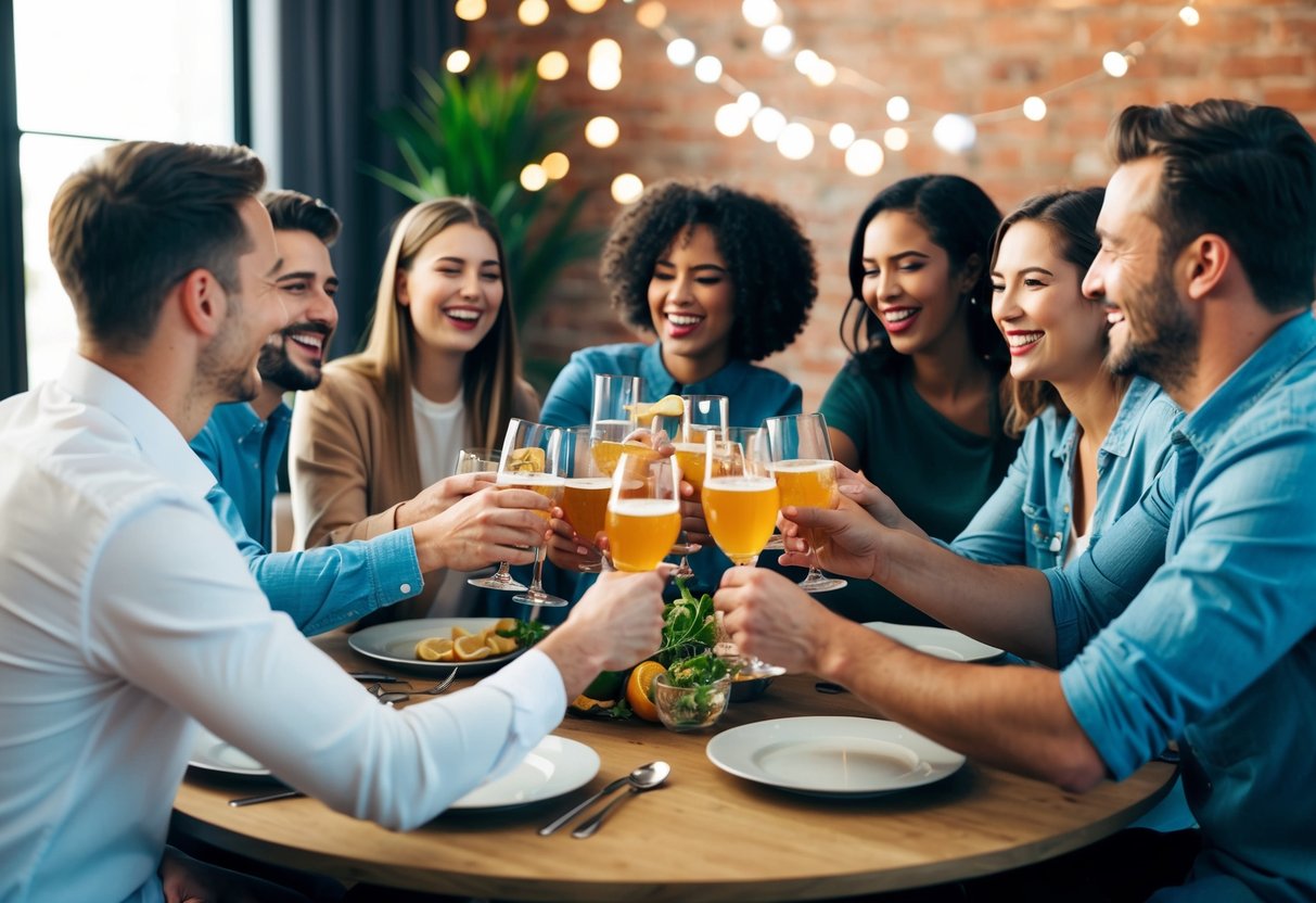 A group of friends gathered around a table, laughing and toasting drinks in celebration