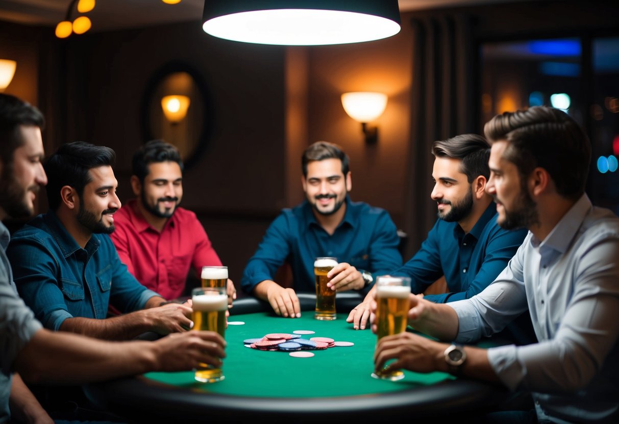 A group of men playing poker and drinking beer in a dimly lit room