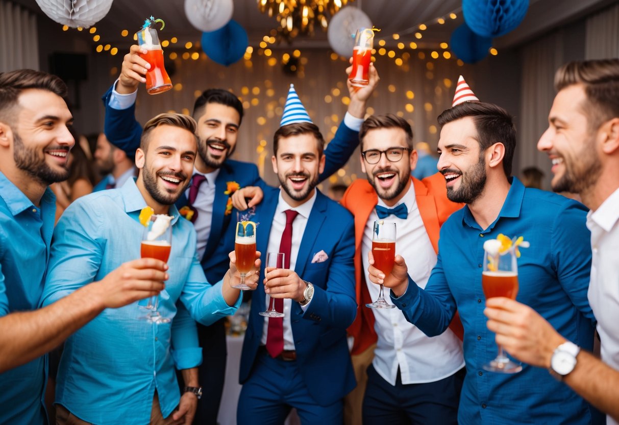 A group of men celebrating, with drinks and decorations, at a bachelor party