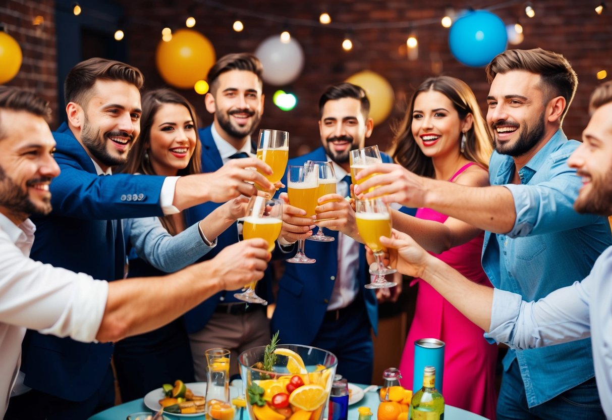 A group of friends cheering and toasting with drinks at a lively and colorful bachelor party