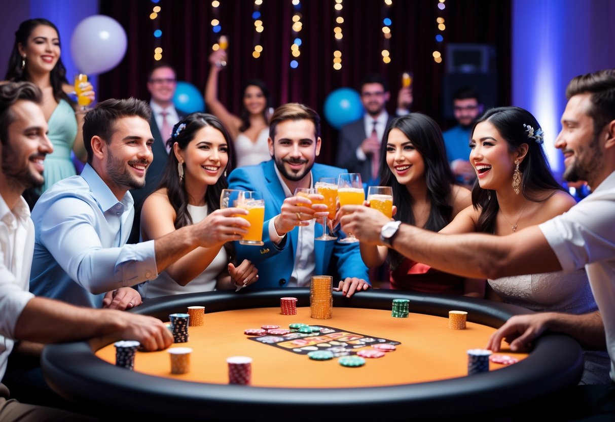 A group of friends cheers with drinks around a poker table, surrounded by colorful decorations and party favors. Music plays in the background as they celebrate the upcoming wedding
